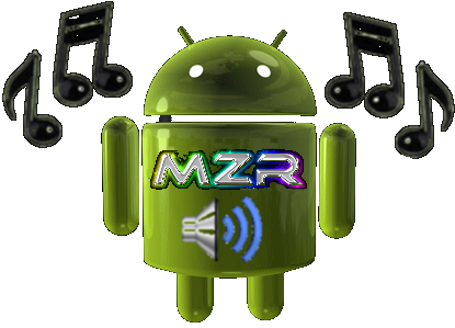 Masterz Radio mascot... robot with MZR and a speaker, surrounded by music notes.
